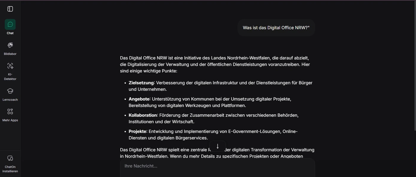 Screenshot: ChatGPT verwechselt Digital Office NRW mit der NRW-Landesbehörde