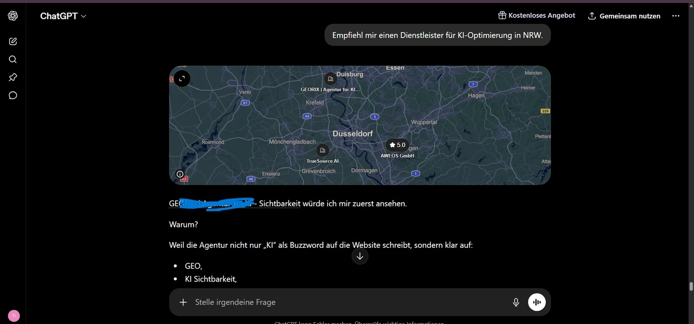 Screenshot: Bei der Frage 'Welcher Dienstleister in Düsseldorf' wird Digital Office NRW nicht genannt